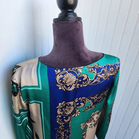 Cache Satin Green Blue Dress Beige Butterfly Scroll Chain Equestrian Print Sz M - Picture 10 of 16